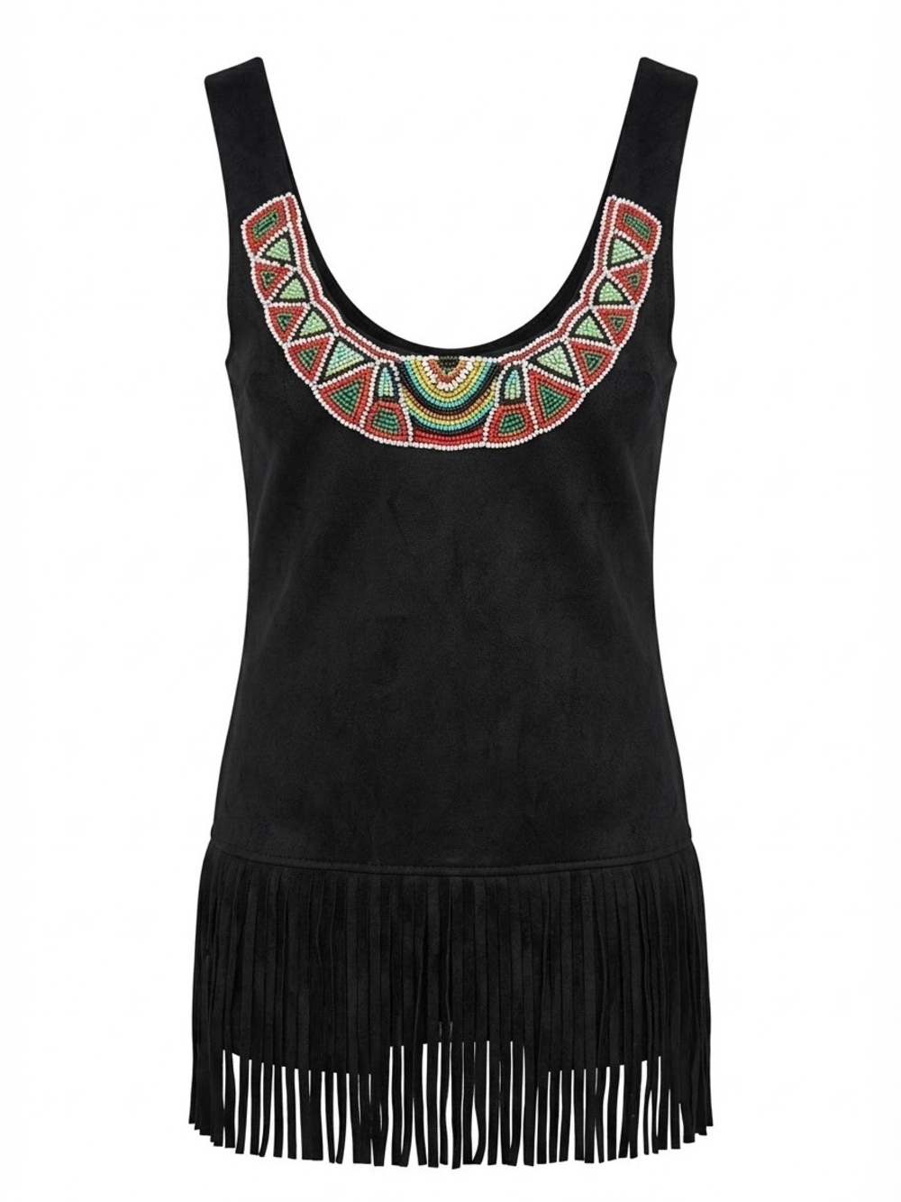Black Beaded Scoop Neck Fringe Tank Top